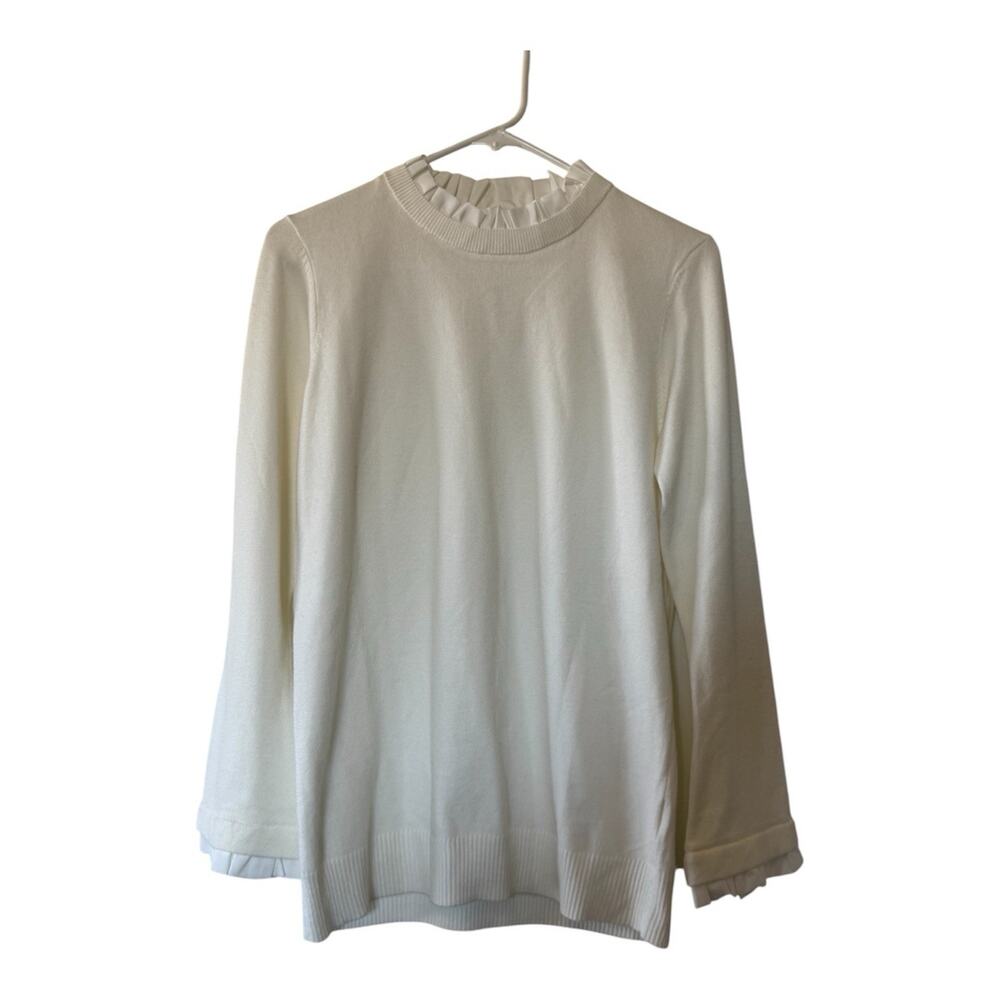 White Ribbed Long Sleeve High Neck Jersey Top Romantic Ruffles Feminine Size S